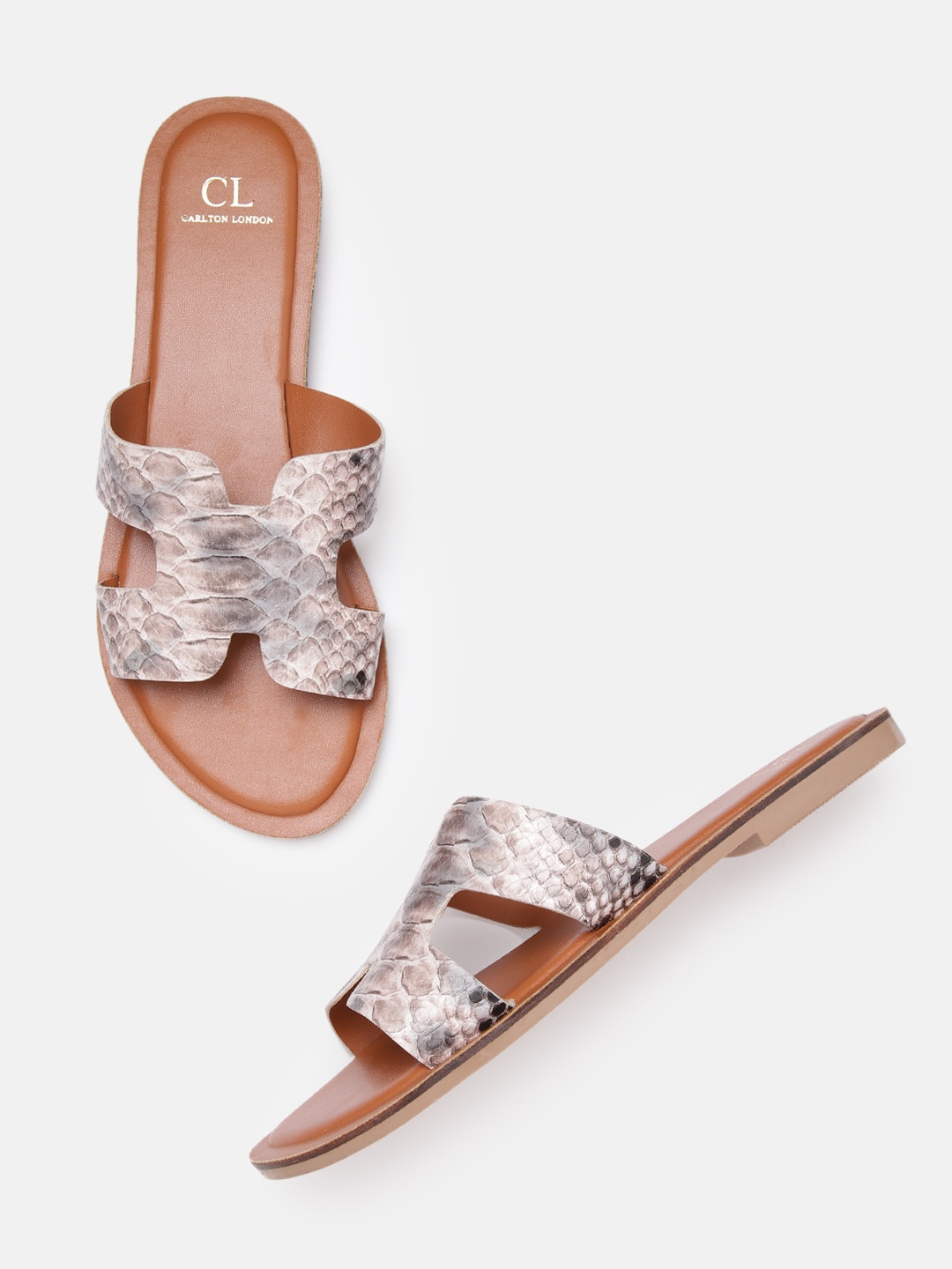 

Carlton London Women Beige & Grey Snakeskin Textured Open Toe Flats with Cut-Outs