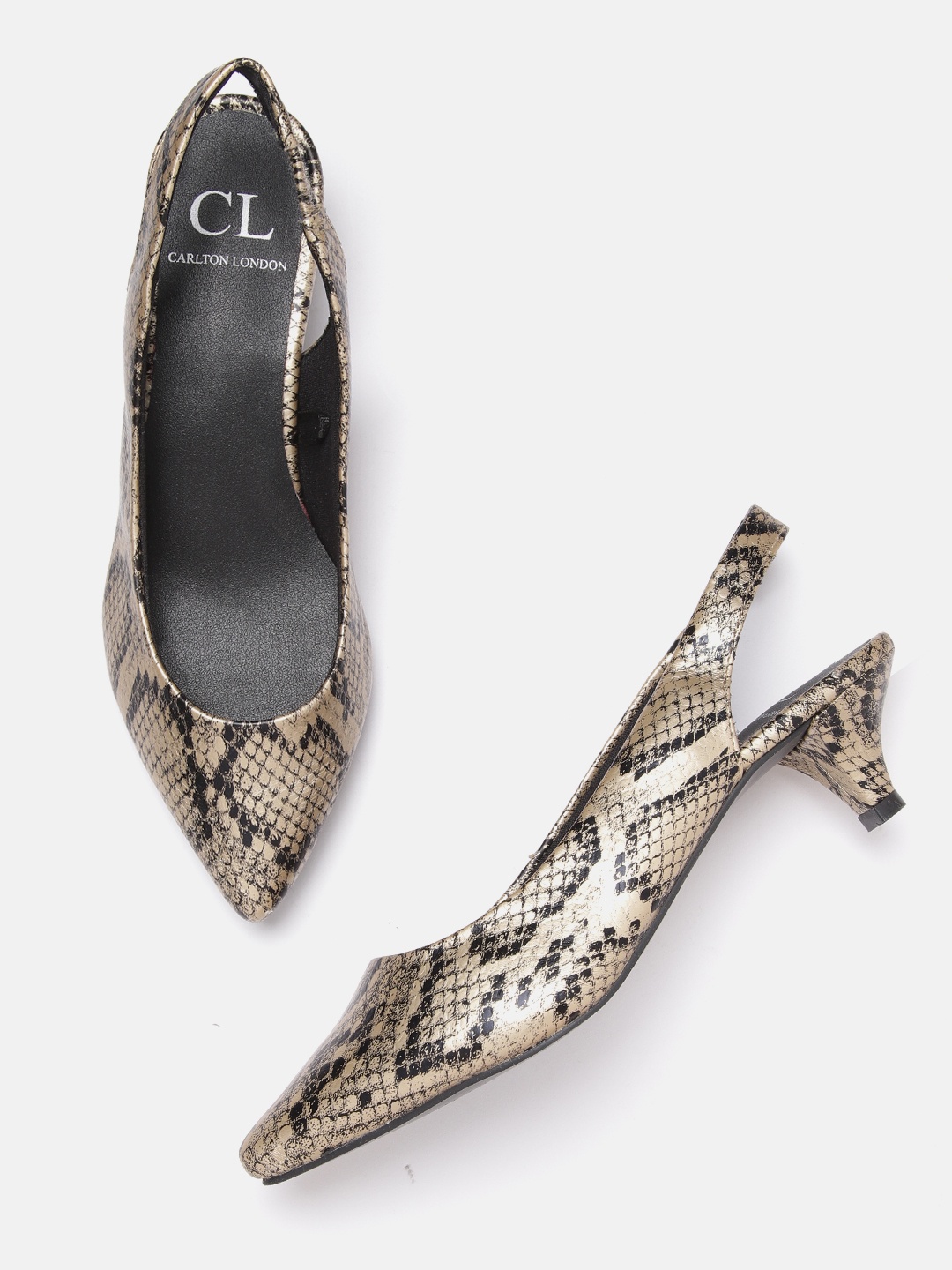 

Carlton London Muted Gold-Toned & Black Snakeskin Printed Kitten Mules
