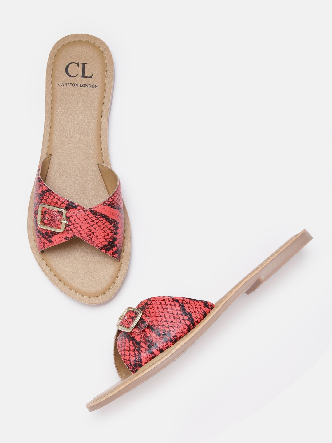 

Carlton London Women Red & Black Snakeskin Print Open Toe Flats with Buckle Detail