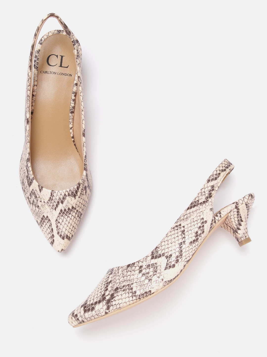 

Carlton London Women Beige & Brown Snake Skin Textured Kitten Mules