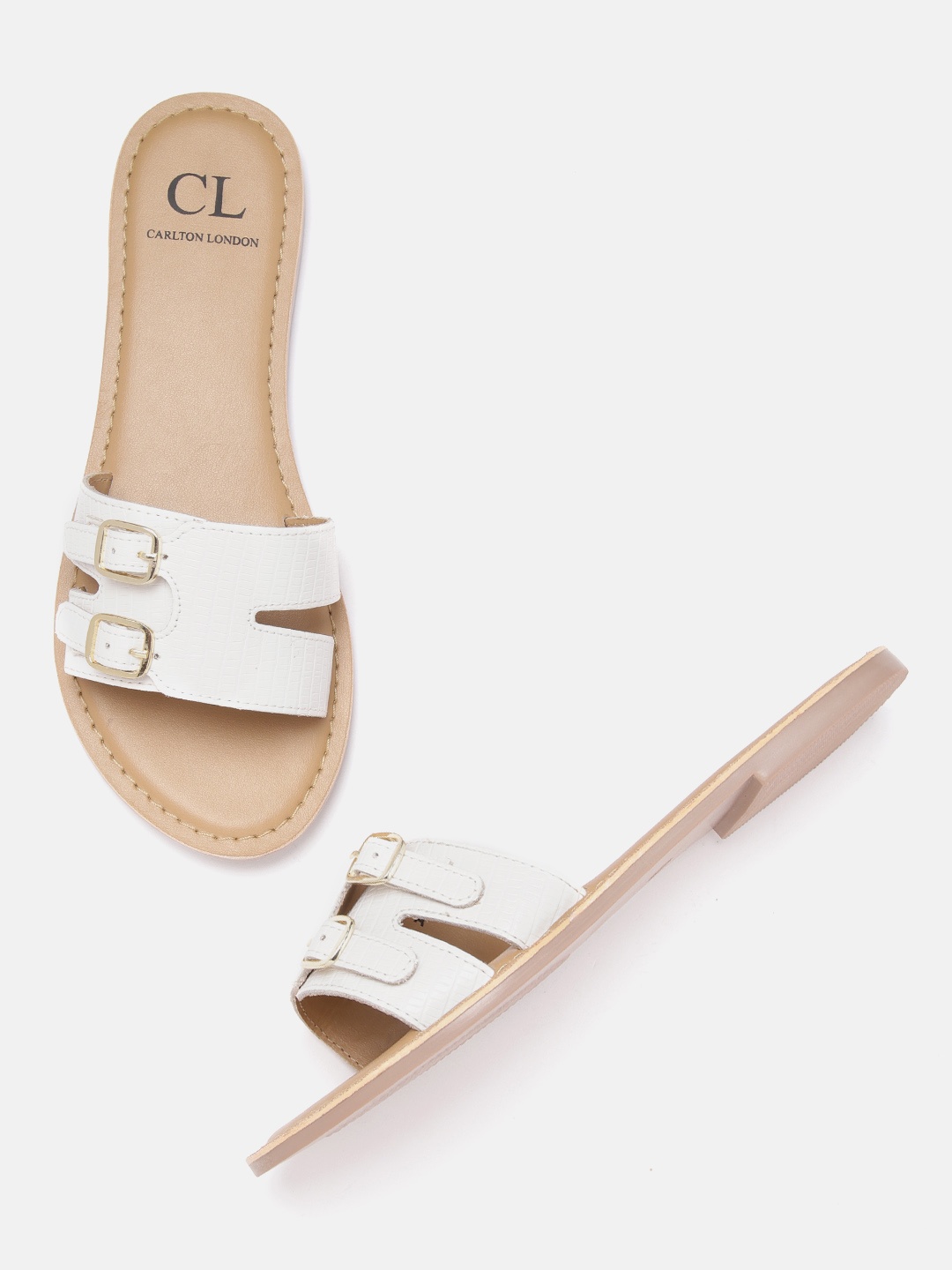 

Carlton London Women White Snakeskin Textured Open Toe Flats with Buckles & Cut-Out