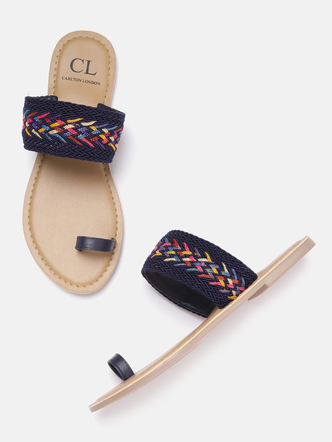 

Carlton London Women Navy Blue & Pink Chevron Woven Design One Toe Flats