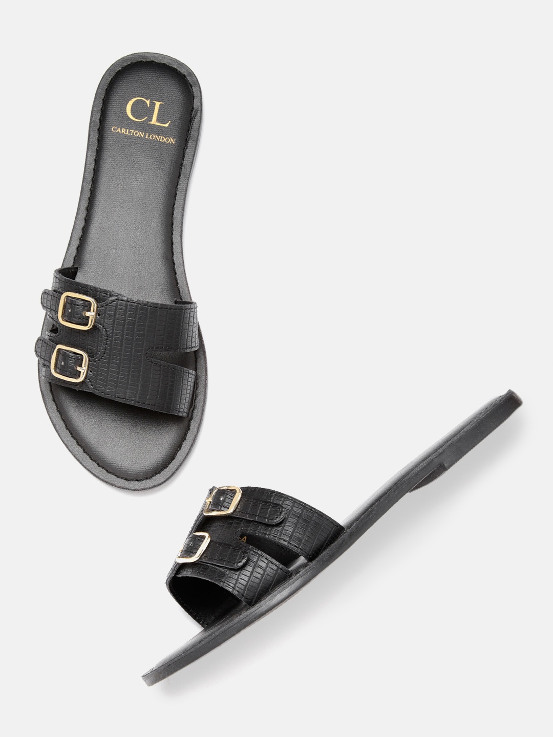 

Carlton London Women Black Snakeskin Textured Open Toe Flats with Buckles & Cut-Out