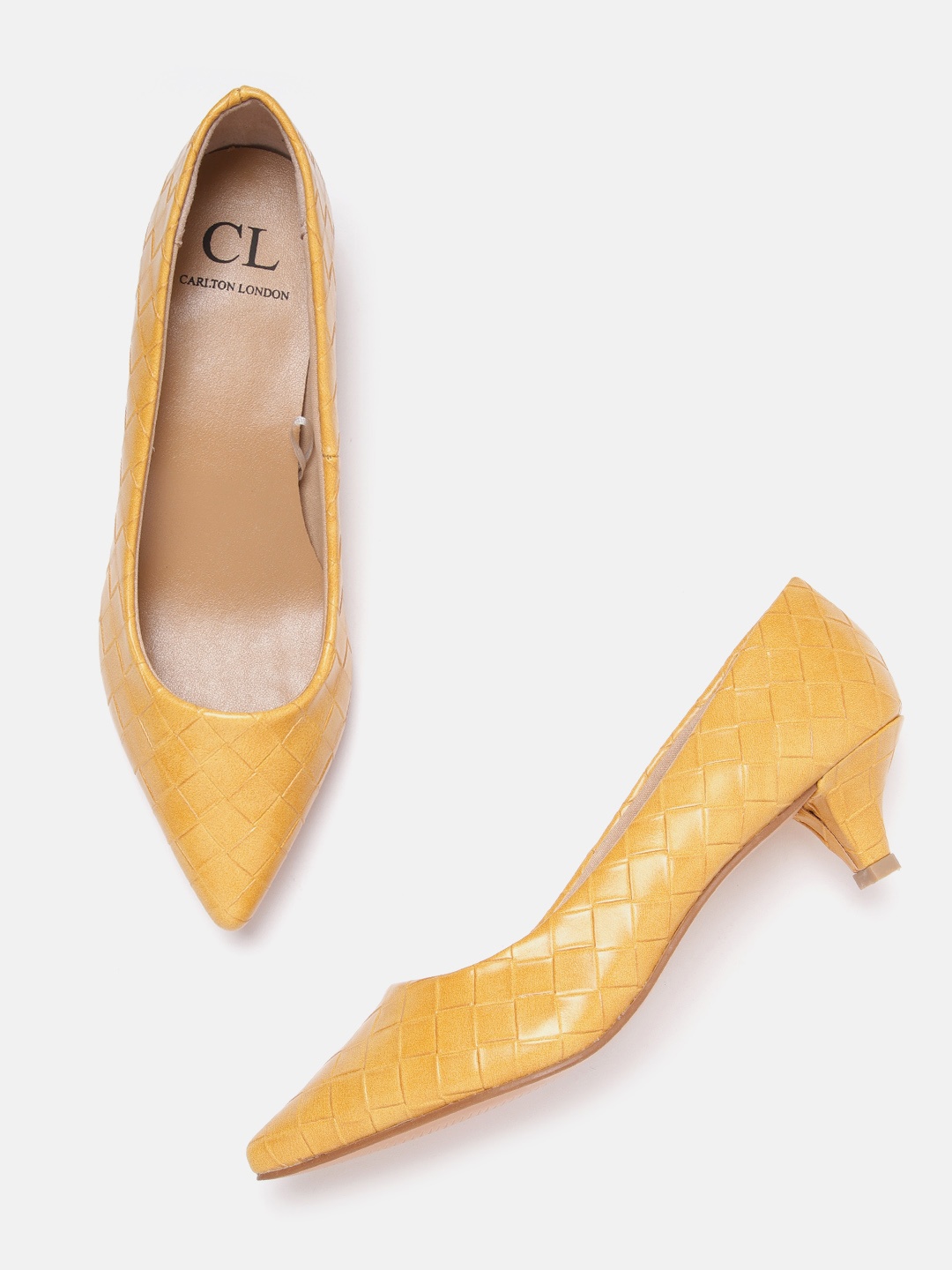 

Carlton London Women Mustard Yellow Woven Textured Kitten Pumps
