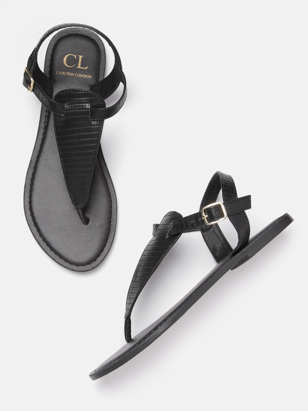 

Carlton London Women Black Snake Skin Textured T-Strap Flats
