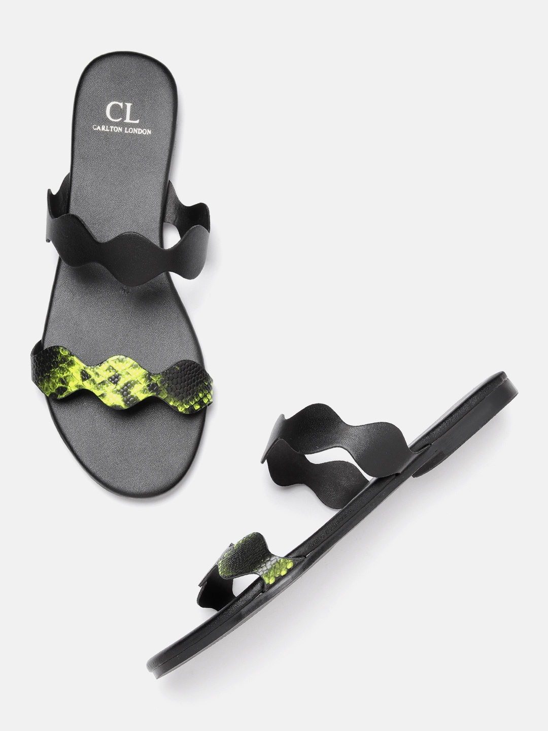 

Carlton London Women Black & Green Snake Skin Textured Open Toe Flats
