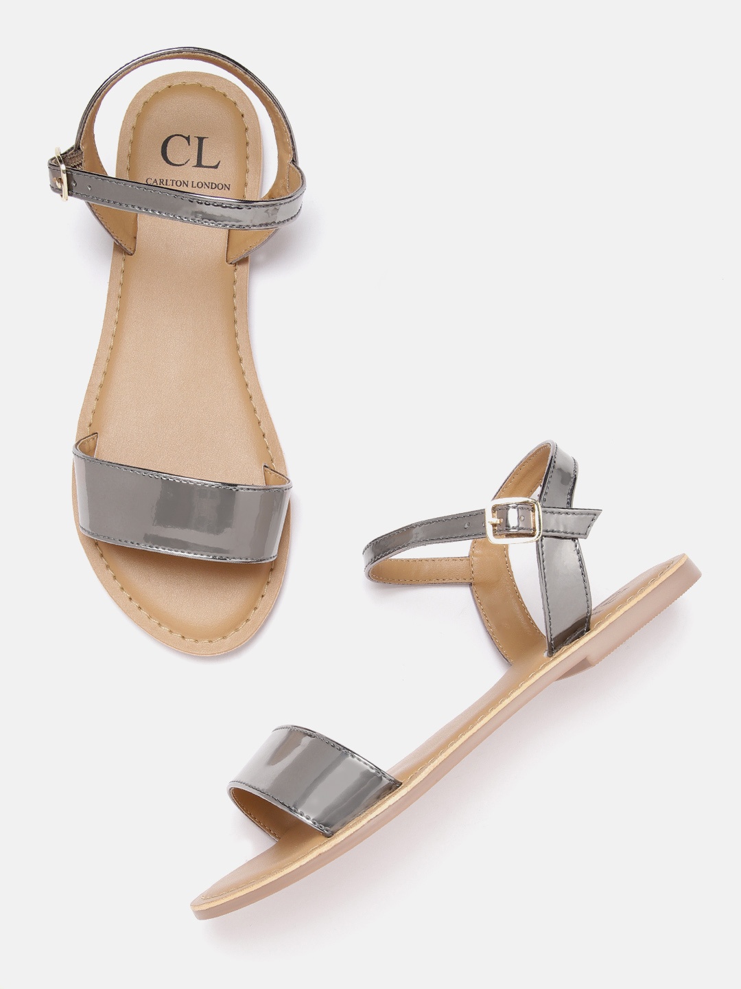 

Carlton London Women Gunmetal-Toned Solid Open Toe Flats, Metallic