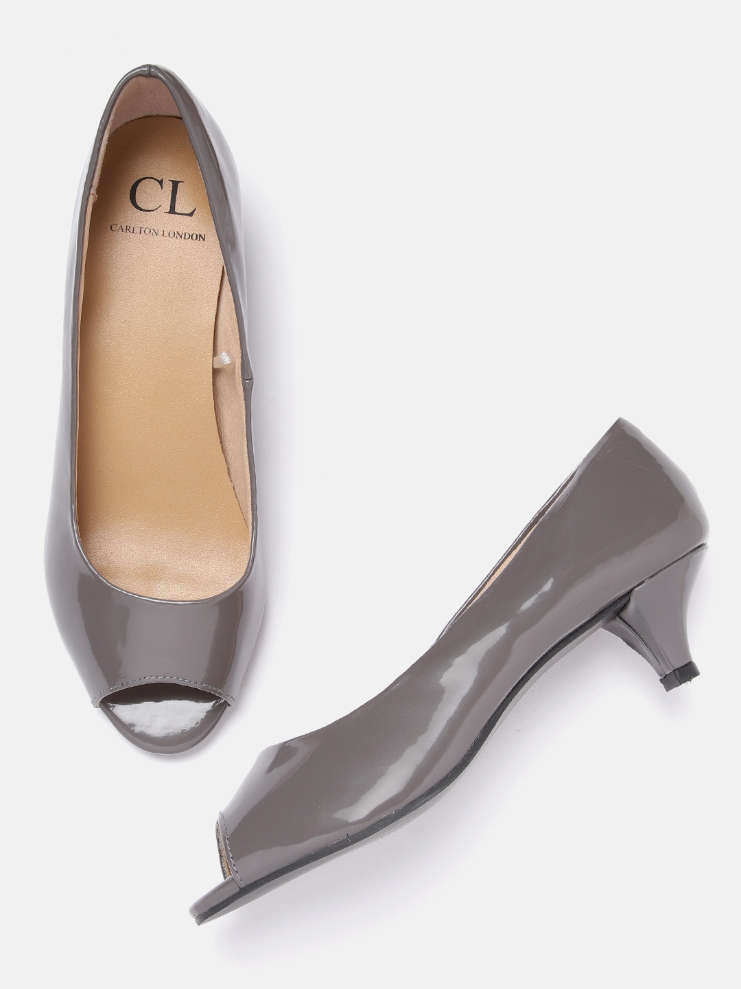 

Carlton London Charcoal Grey Glossy Finish Kitten Peep Toes