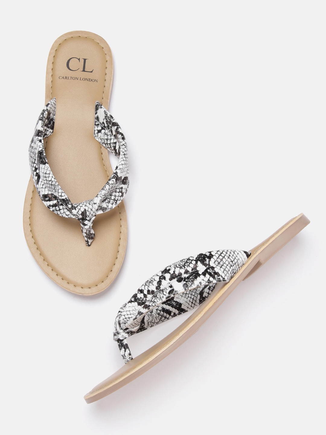 

Carlton London Women White & Grey Snakeskin Textured Open Toe Flats