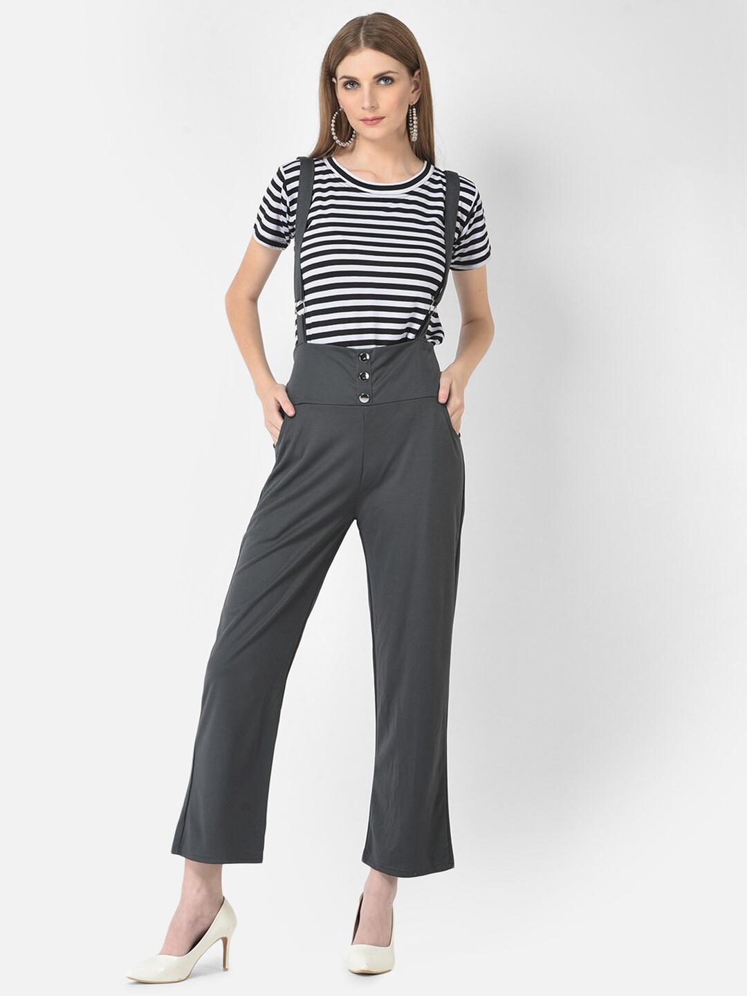 

FNOCKS Grey & White Striped Basic Jumpsuit