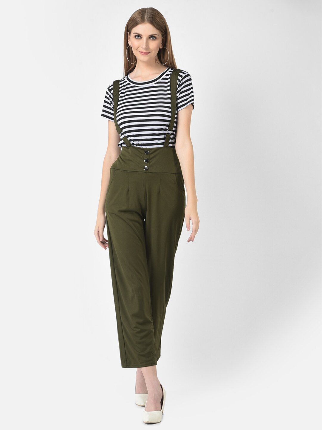 

FNOCKS Women Olive Green Striped Basic Jumpsuit