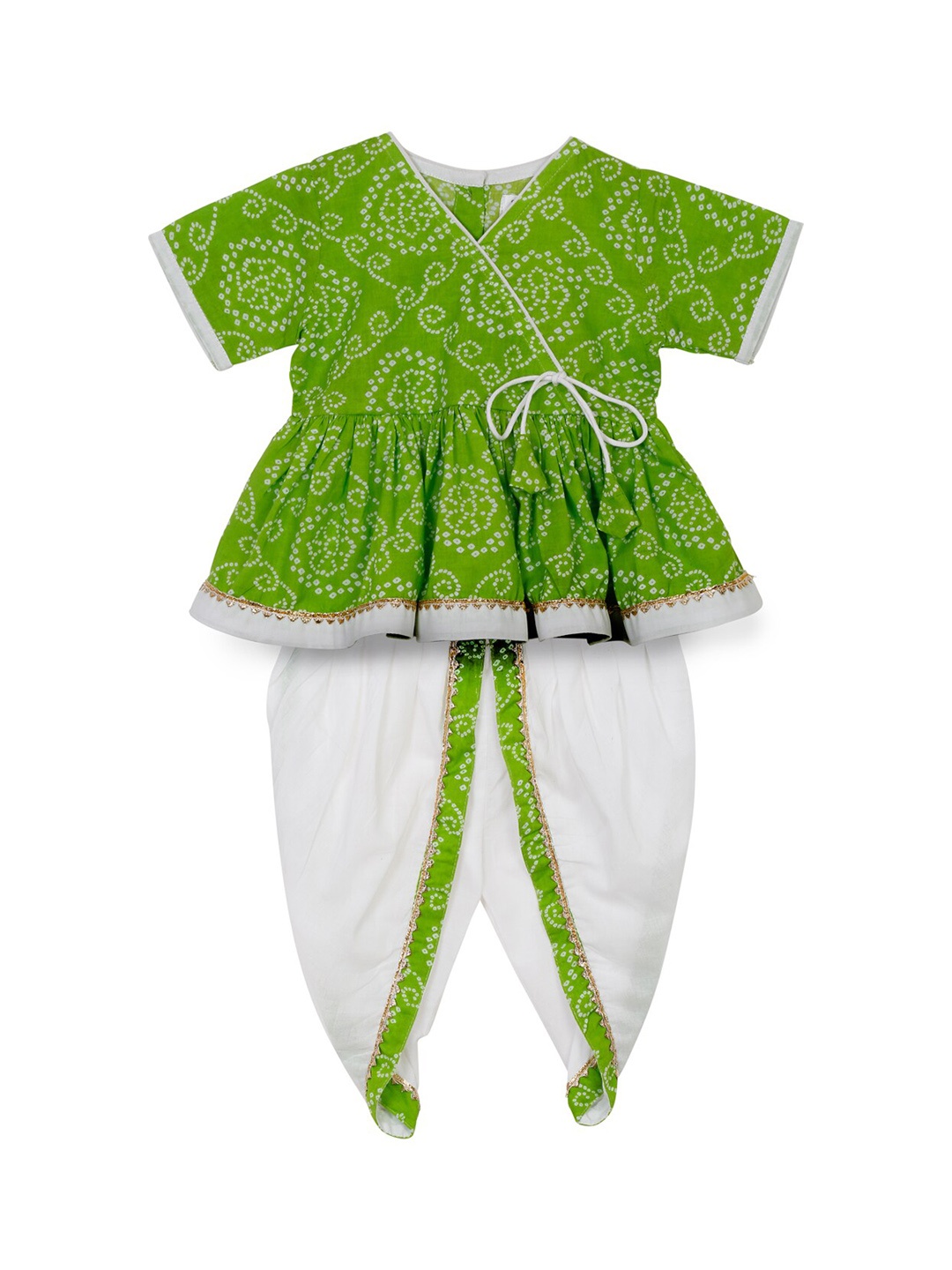 

SAKA DESIGNS Girls Bandhani Printed Angrakha Pure Cotton Kurti with Dhoti Pant Set, Green