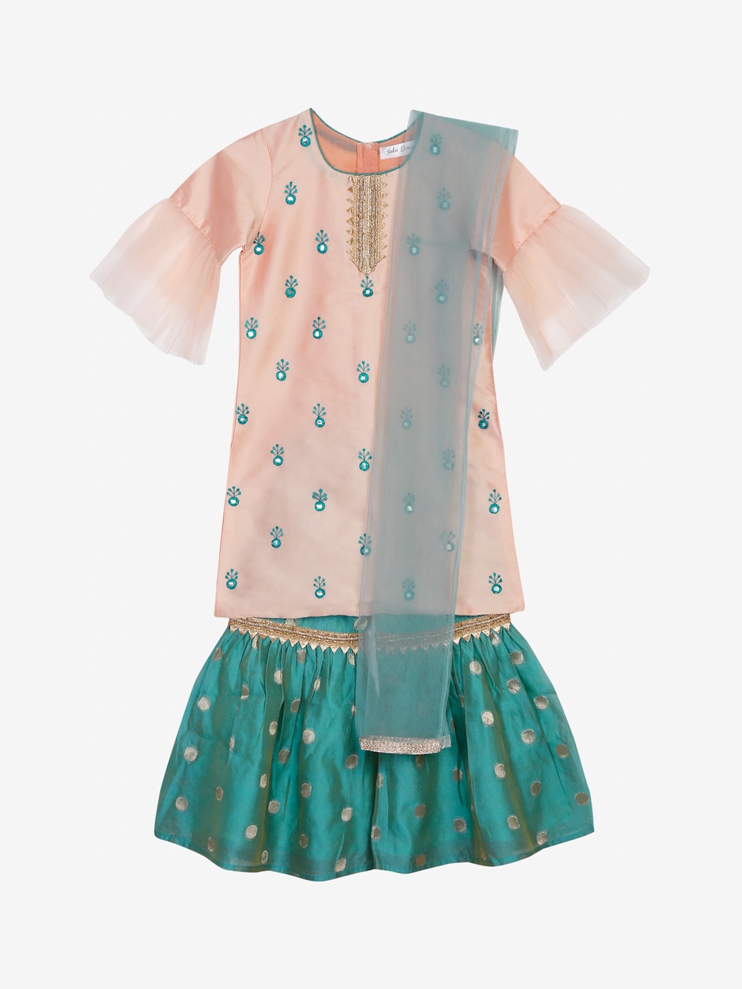 

SAKA DESIGNS Girls Ethnic Motifs Embroidered Mirror Work Kurta with Sharara & With Dupatta, Peach