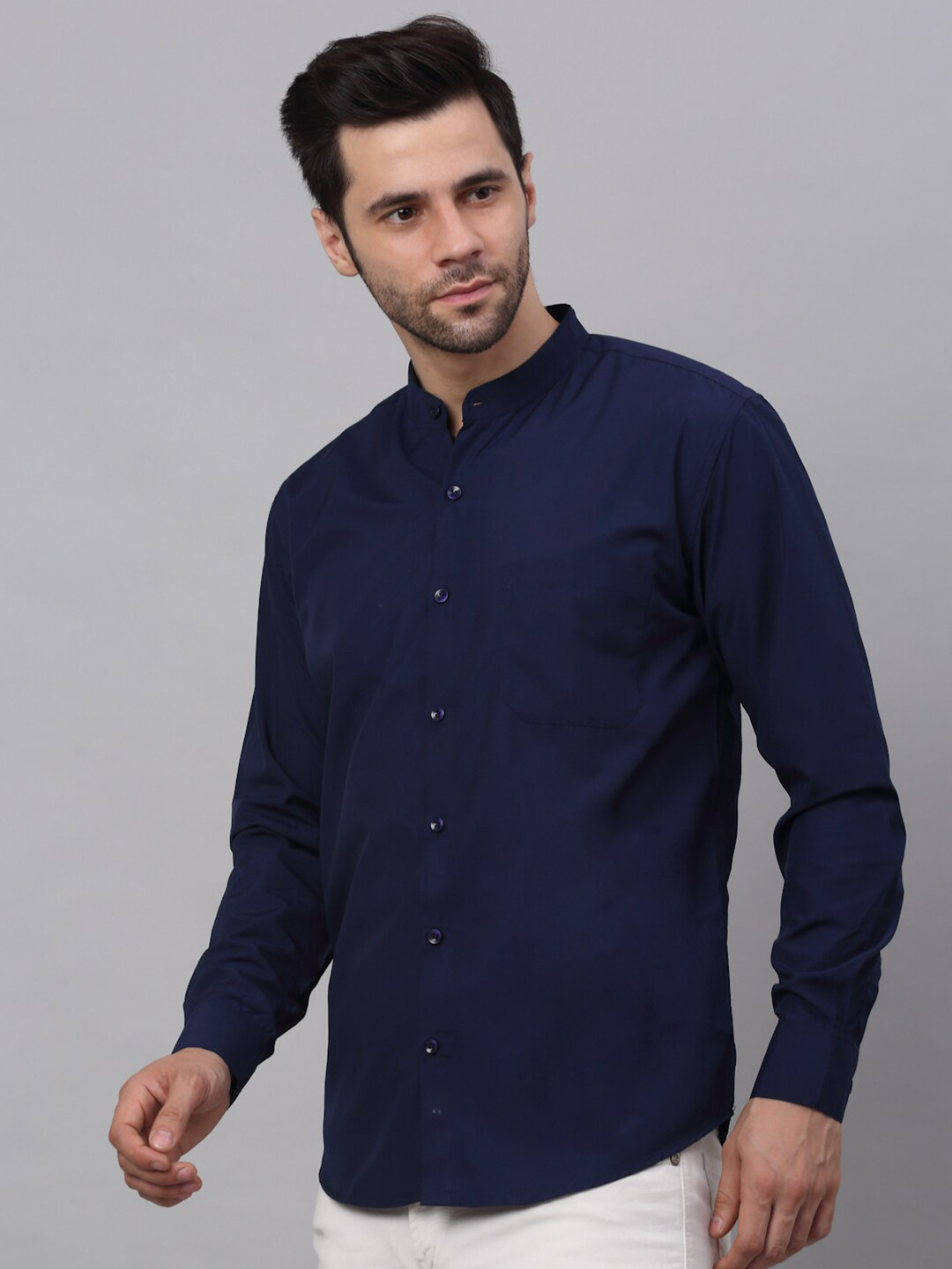 

NEUDIS Men Navy Blue Band Collar Casual Shirt