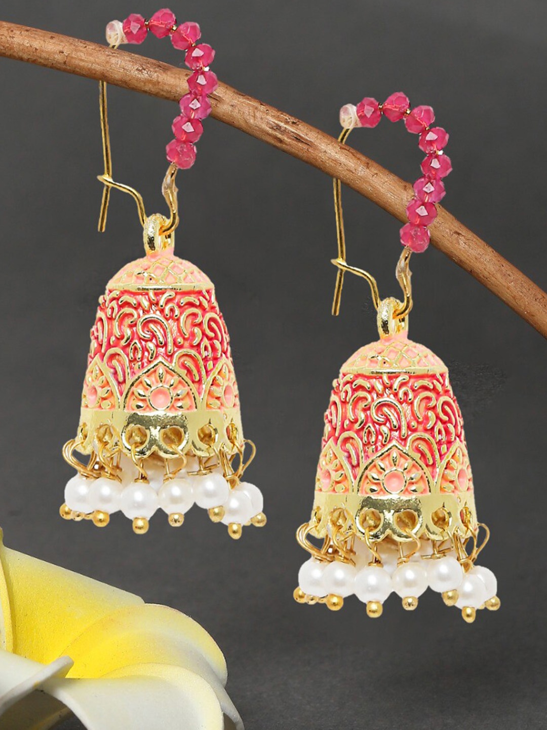 

OOMPH Gold Plated Red Dome Shaped Jhumkas Earrings
