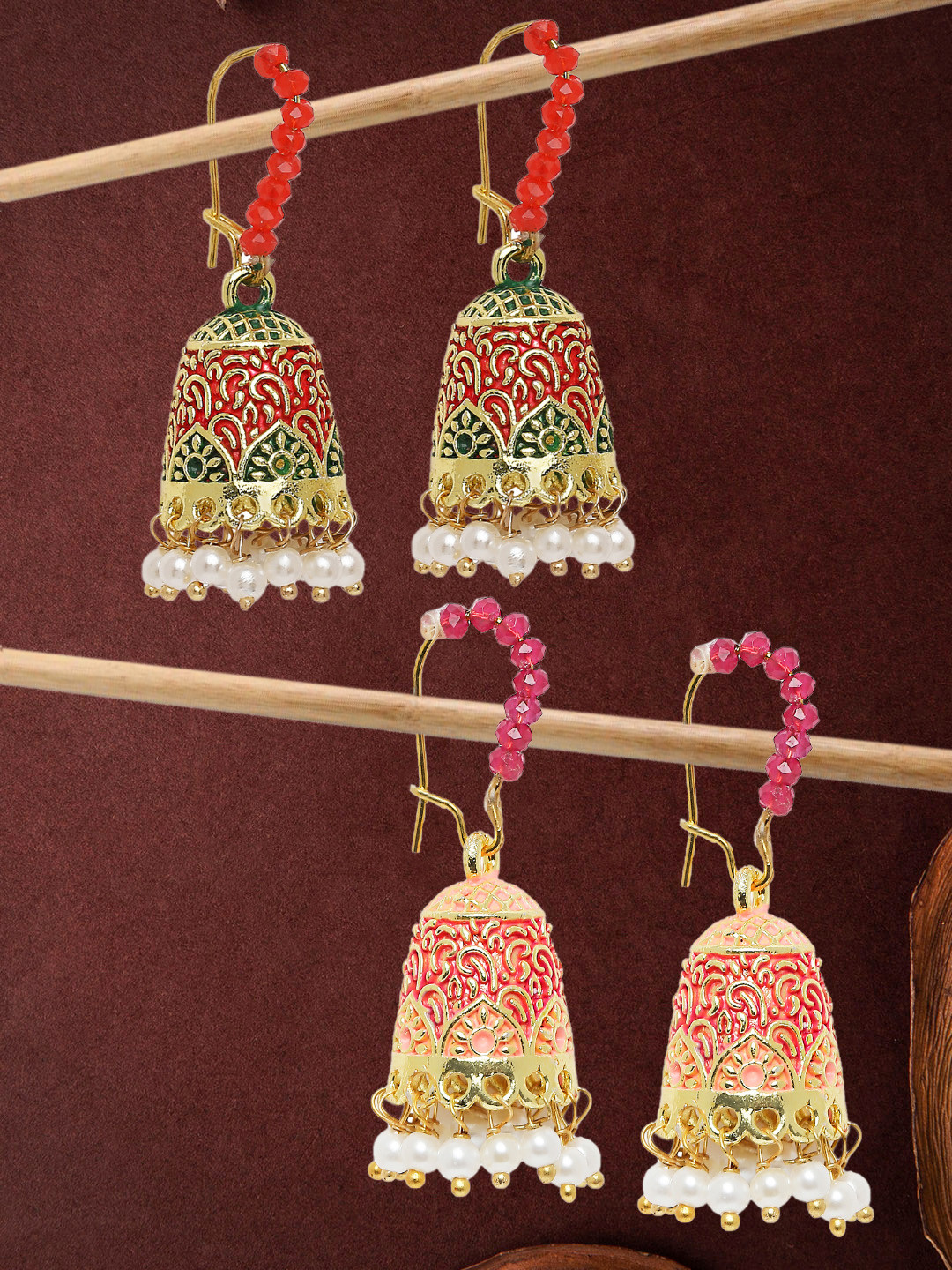 

OOMPH Set of 2 Red Gold-Plated Dome Shaped Jhumkas Earrings