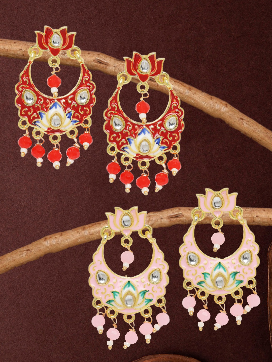 

OOMPH Set of 2 Red & Pink Contemporary Chandbalis Earrings