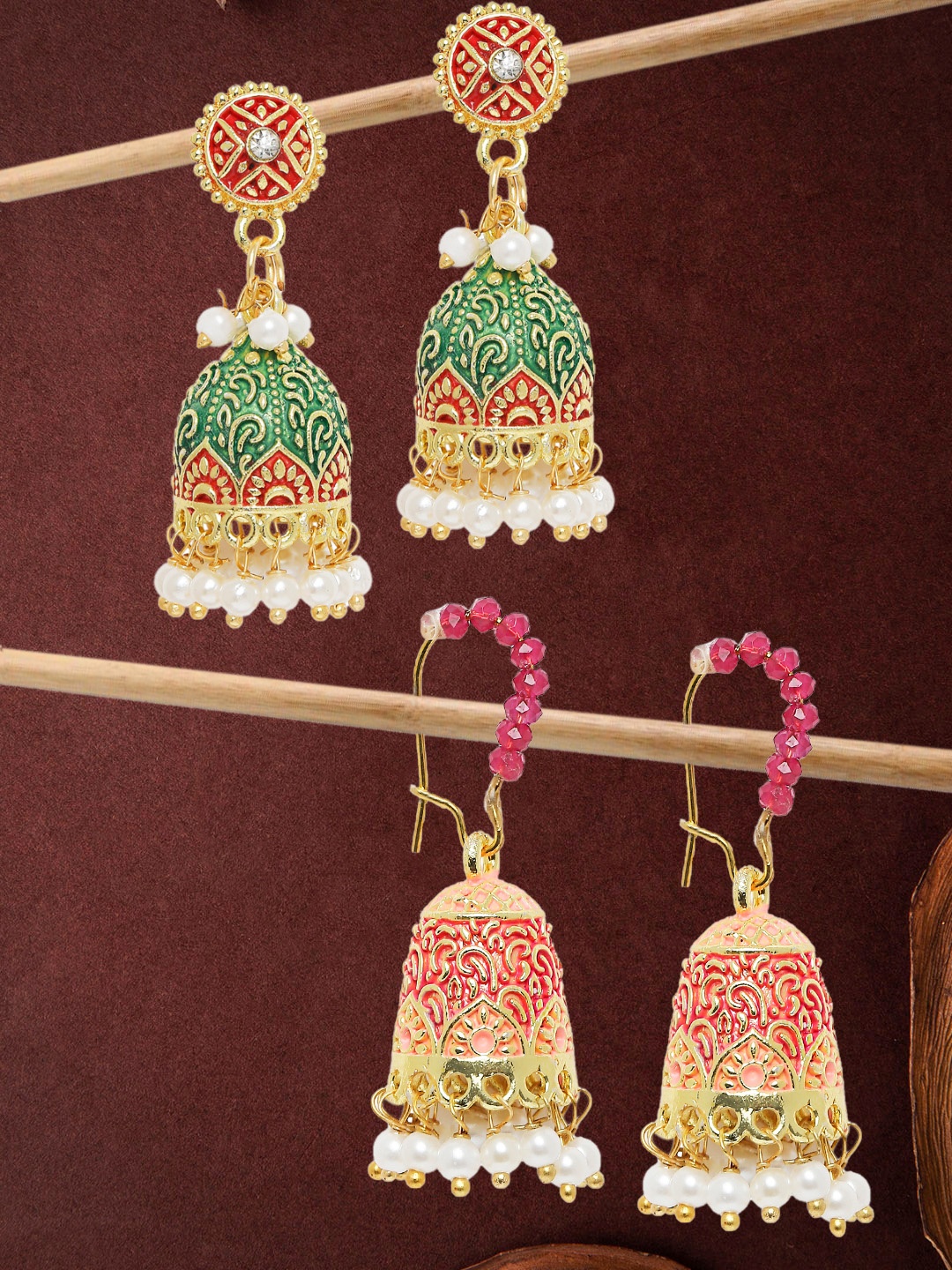 

OOMPH Set of 2 Red & Green Gold-Plated Dome Shaped Jhumkas Earrings