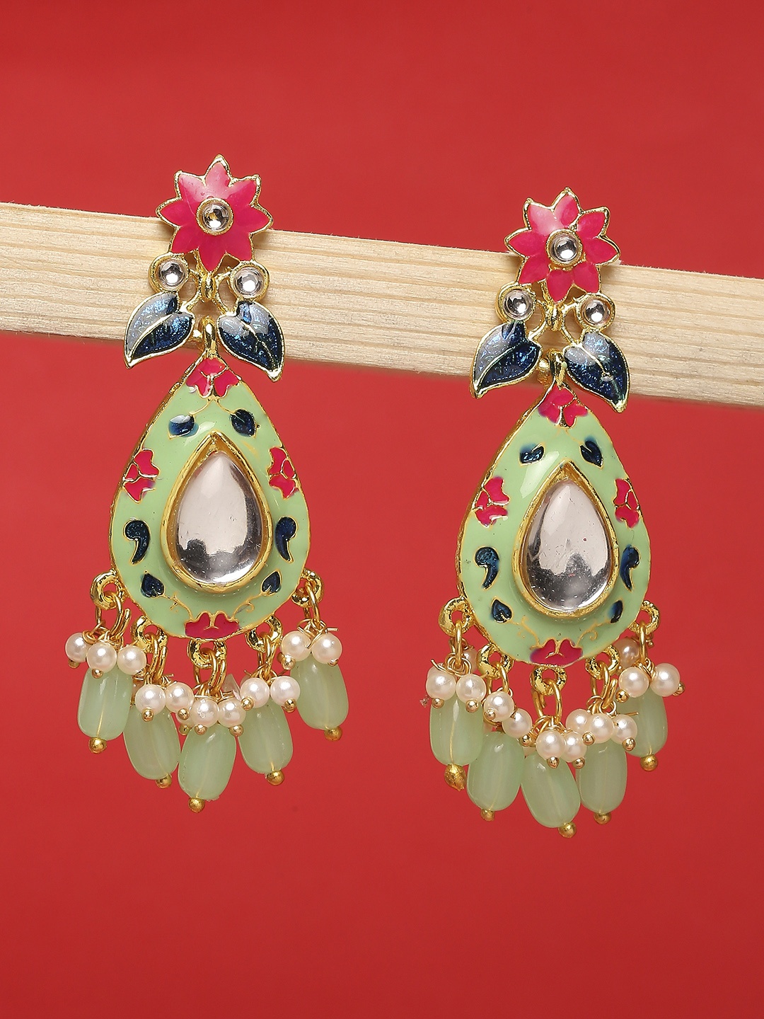 

OOMPH Green Floral Meenakari Drop Earrings