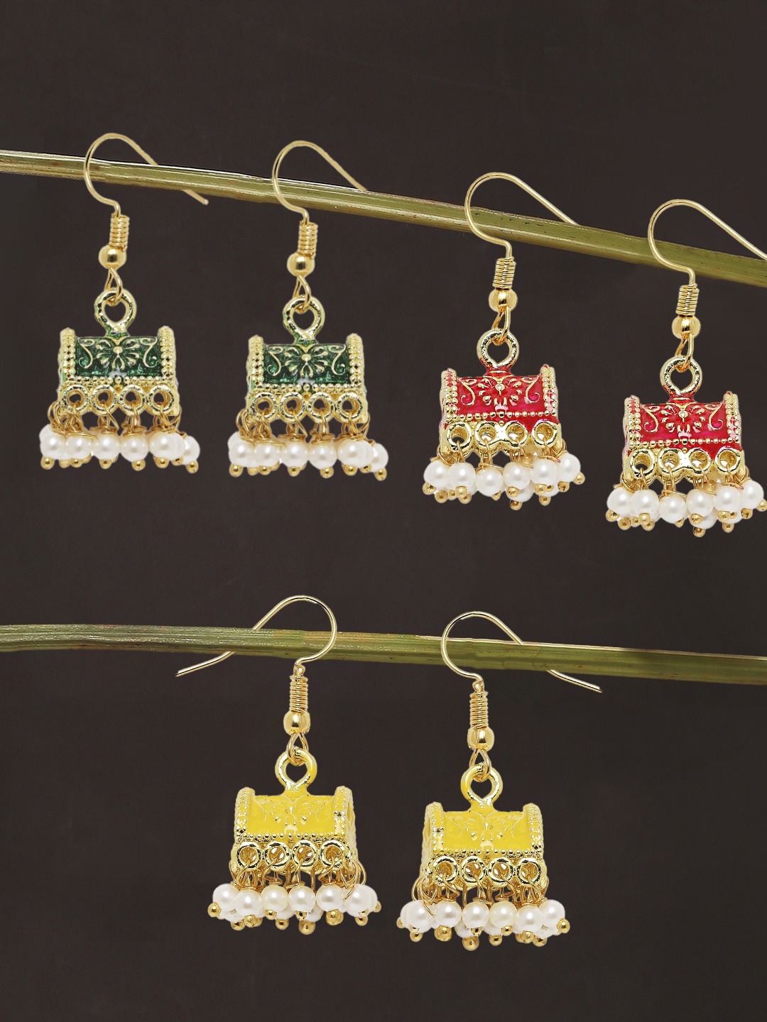 

OOMPH Set of 3 Gold Plated Dome Shaped Jhumkas Earrings, Yellow