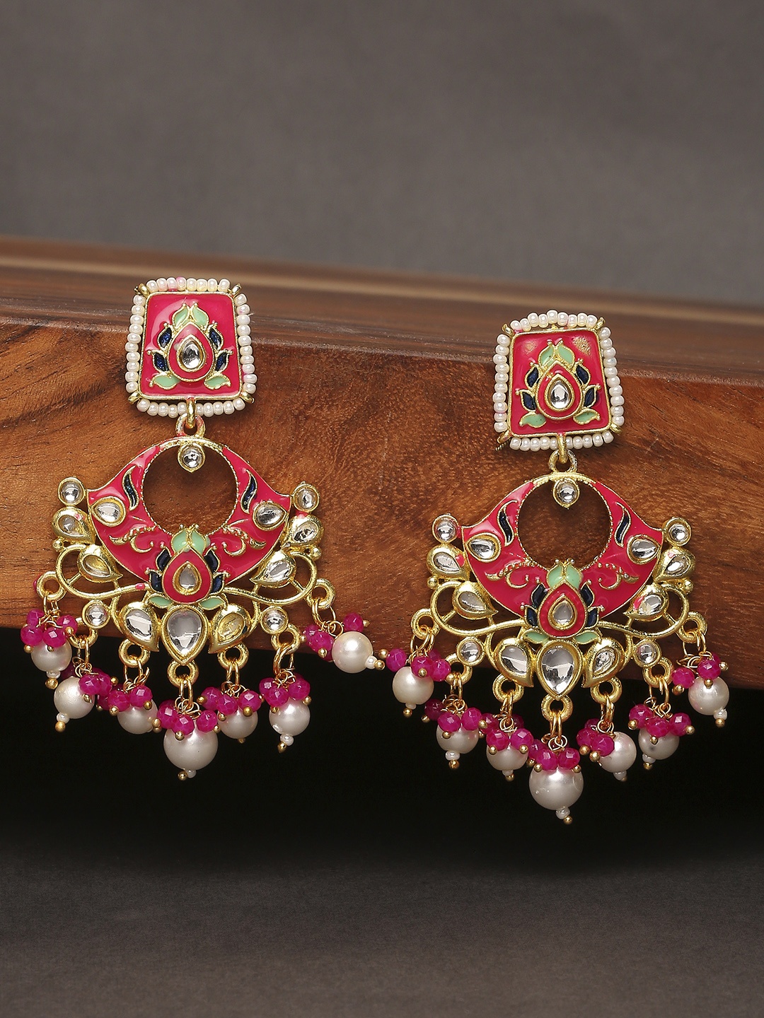 

OOMPH Pink Gold-Plated Floral Meenakari Drop Earrings