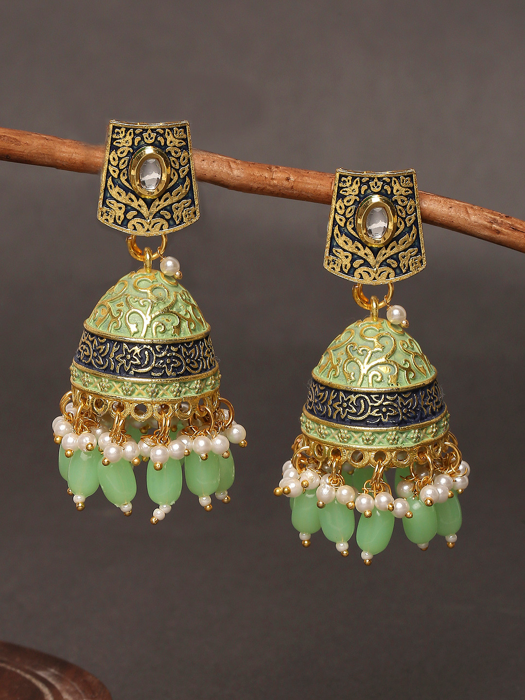 

OOMPH Gold-Plated Green Dome Shaped Meenakari Jhumkas Earrings