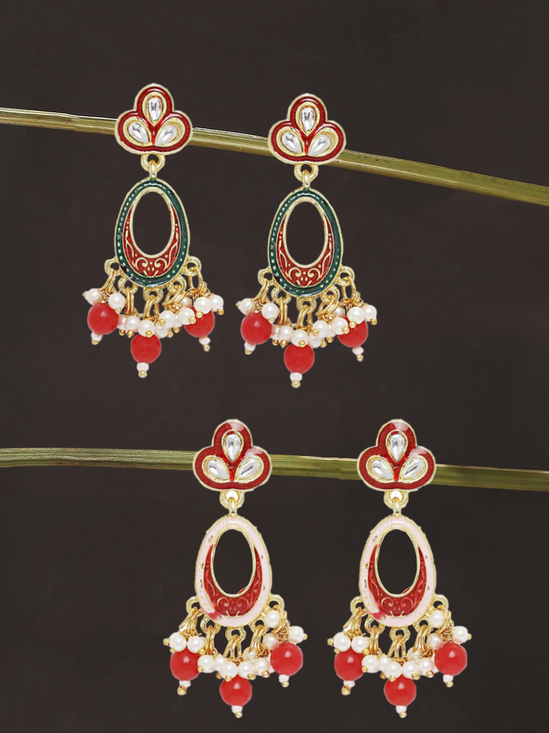 

OOMPH Set of 2 Pink & Green Oval Drop Earrings