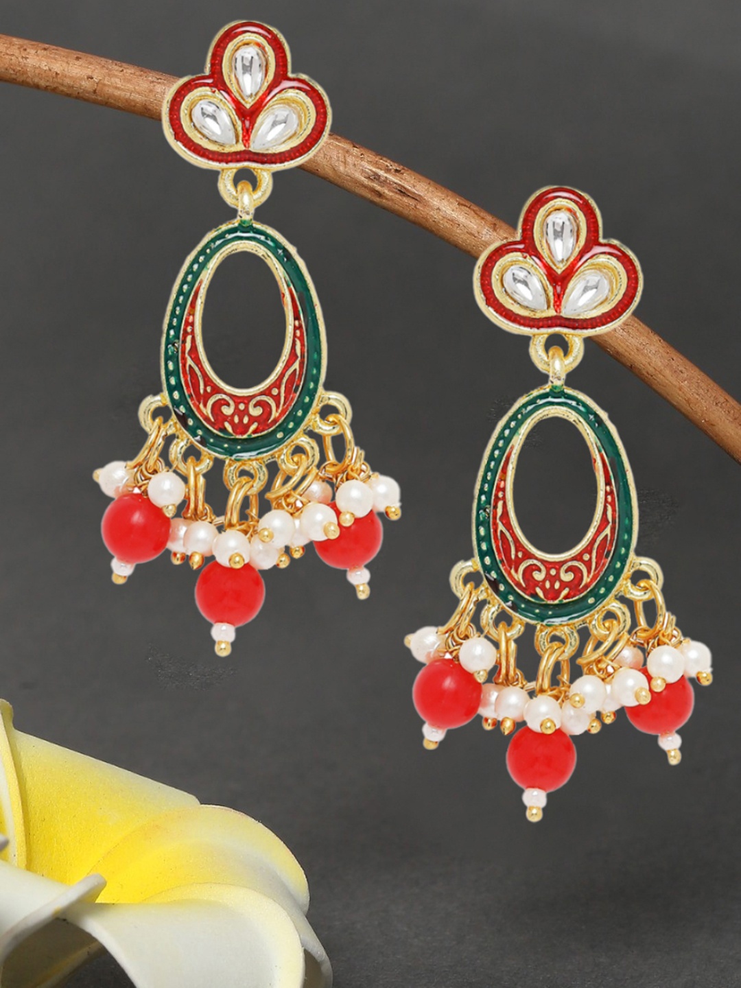 

OOMPH Green Meenakari Oval Drop Earrings