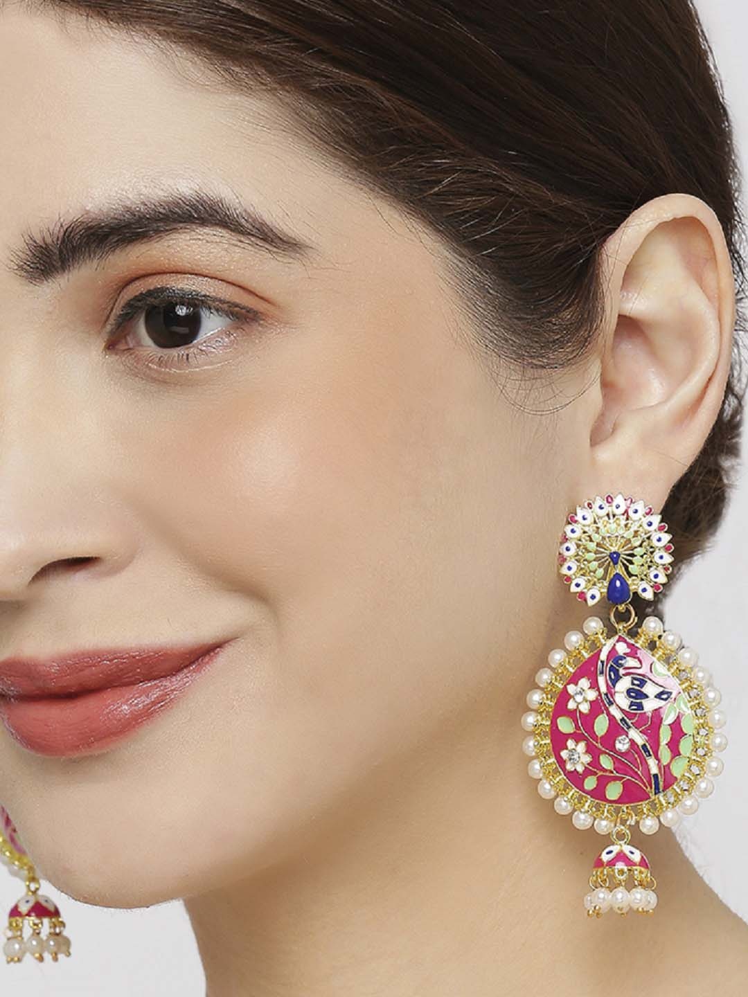 

OOMPH Pink Meenakari Peacock Shaped Drop Earrings