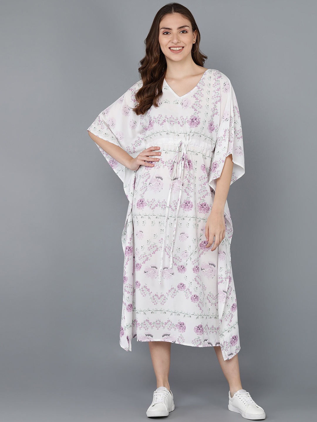 

Fashfun White Floral Printed Kaftan Midi Dress