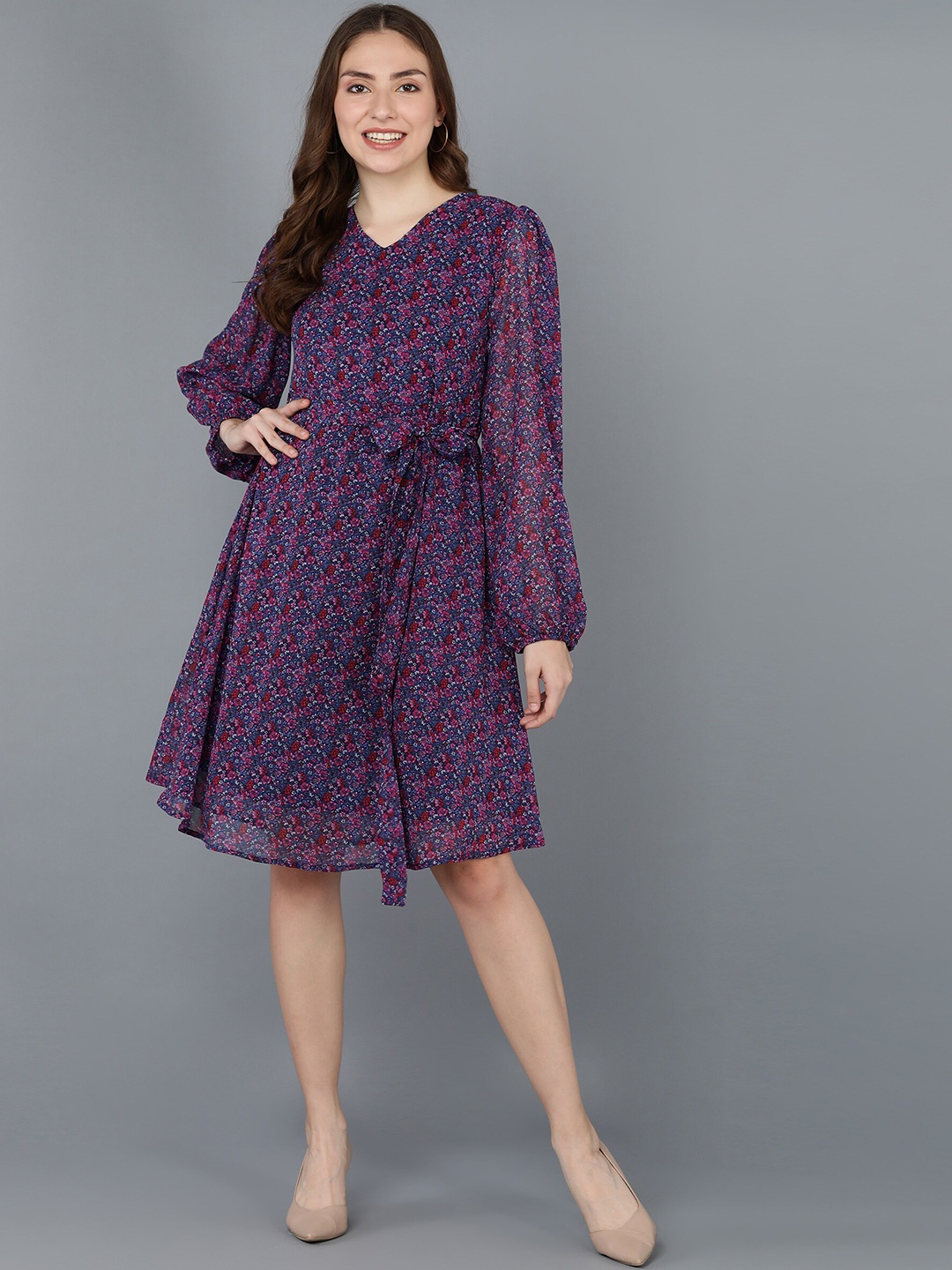

Fashfun Blue Floral Printed Georgette A-Line Dress
