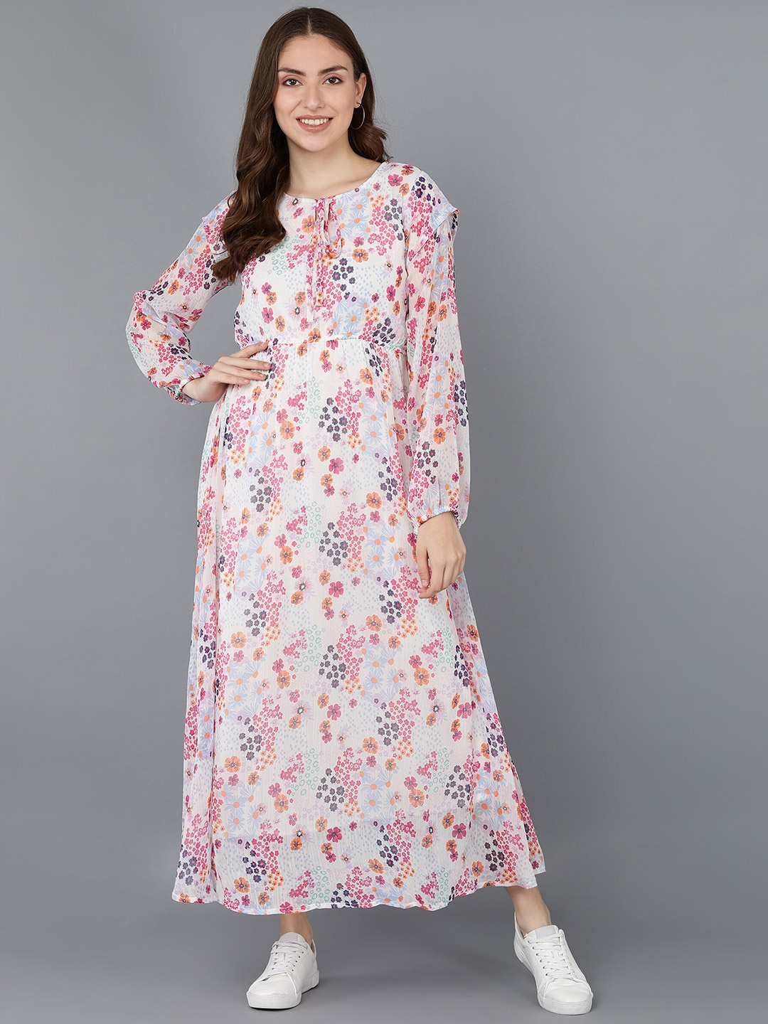 

Fashfun White Floral Printed Chiffon Maxi Dress