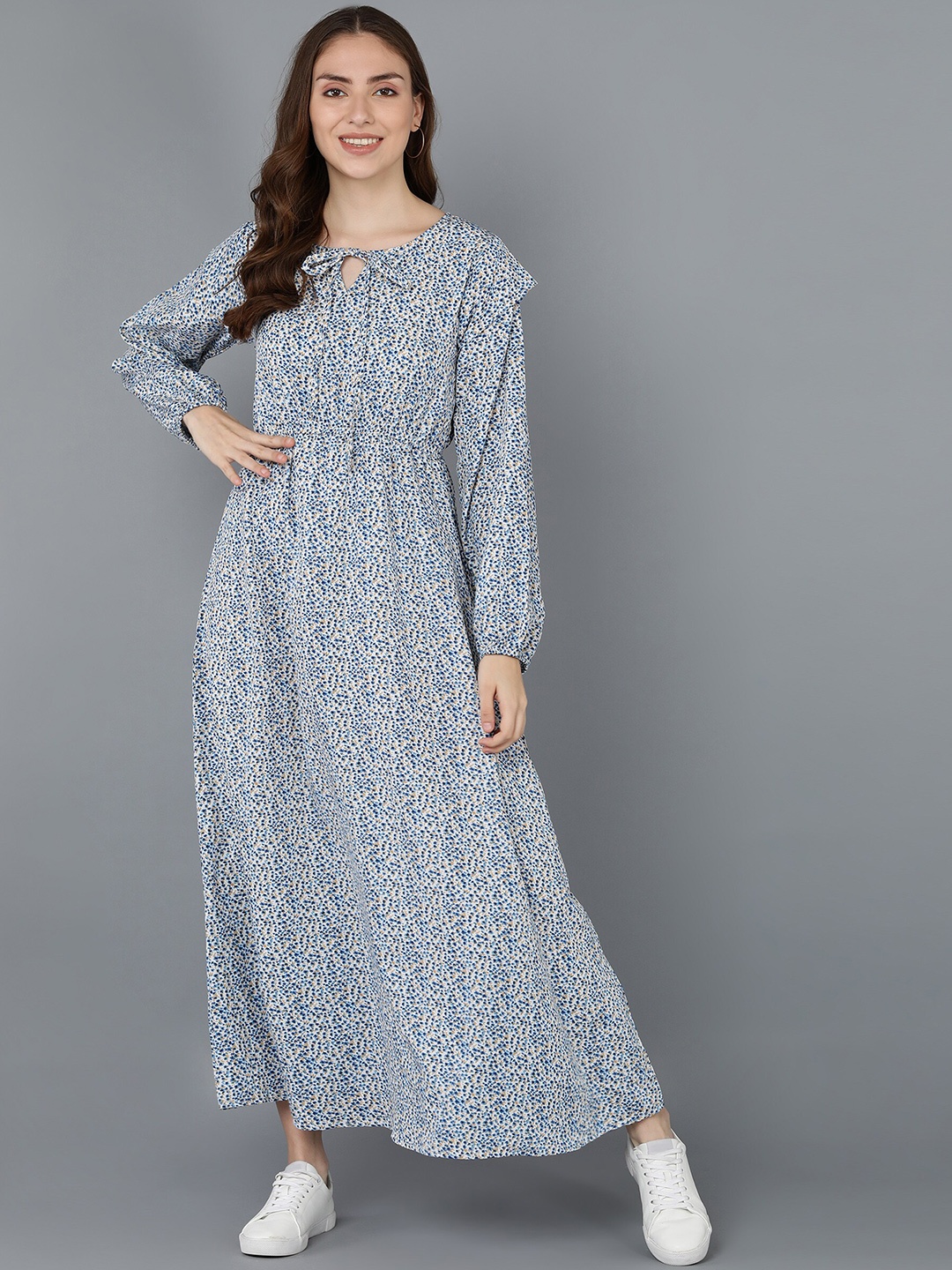 

Fashfun Blue Floral Tie-Up Neck Crepe Maxi Dress
