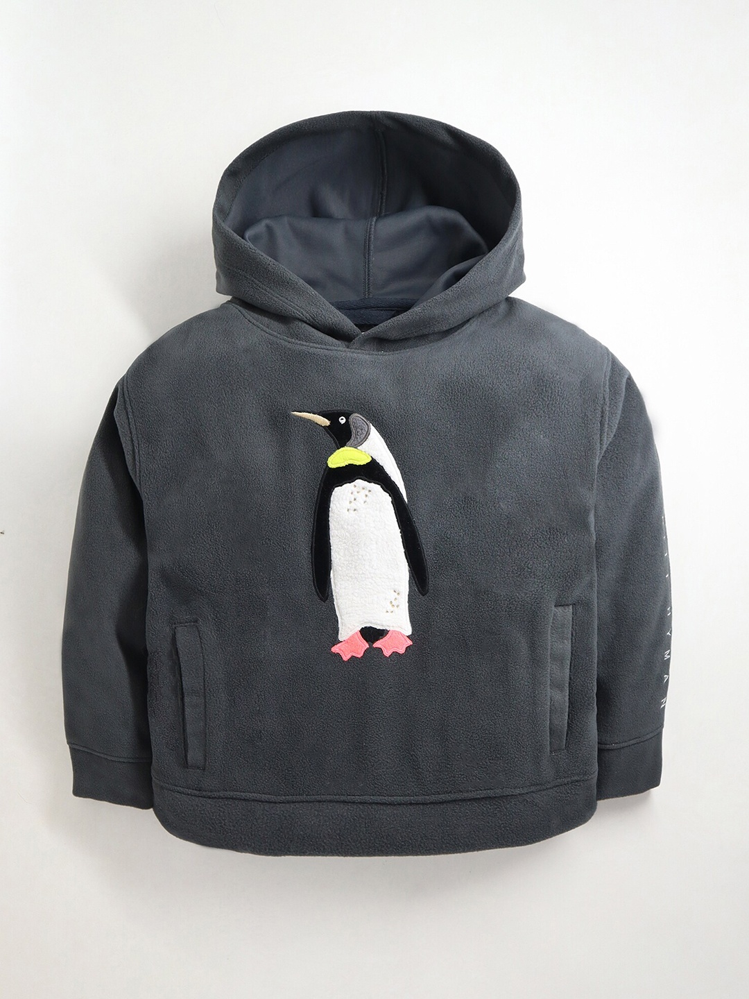 

Cherry Crumble Unisex Kids Grey Penguin Applique Hooded Sweatshirt