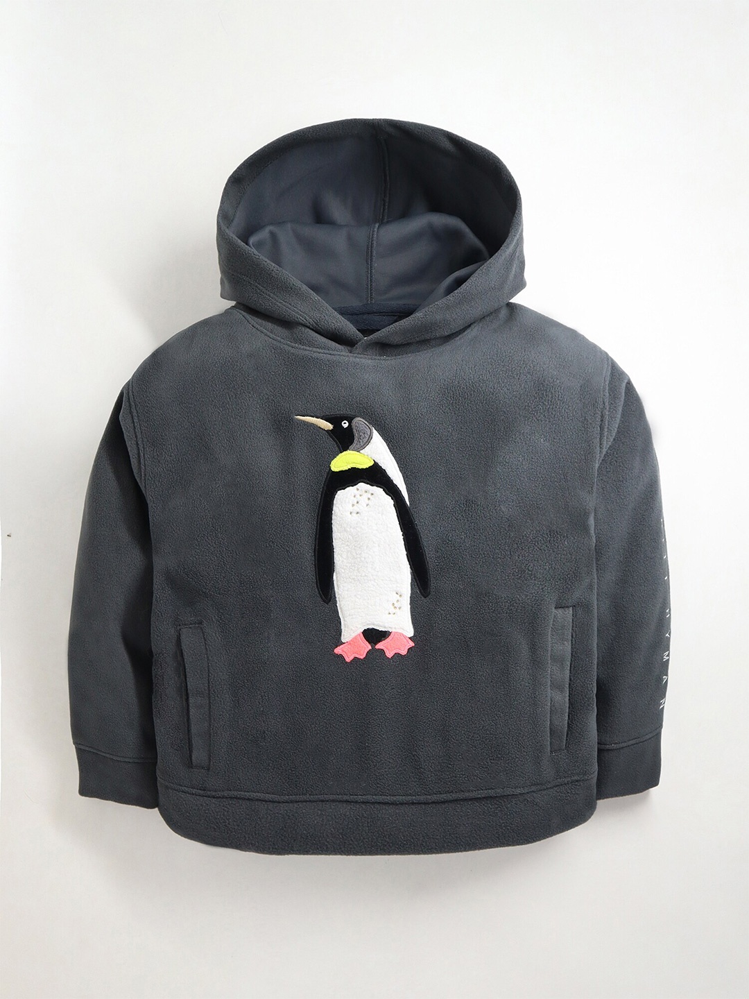 

Cherry Crumble Unisex Kids Grey Penguin Applique Hooded Sweatshirt