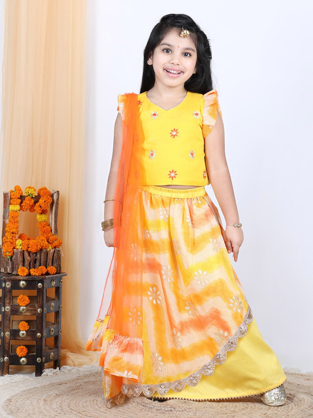 

Here&Now X Kinder Kids Girls Yellow & Orange Embroidered Ready to Wear Lehenga & Blouse With Dupatta