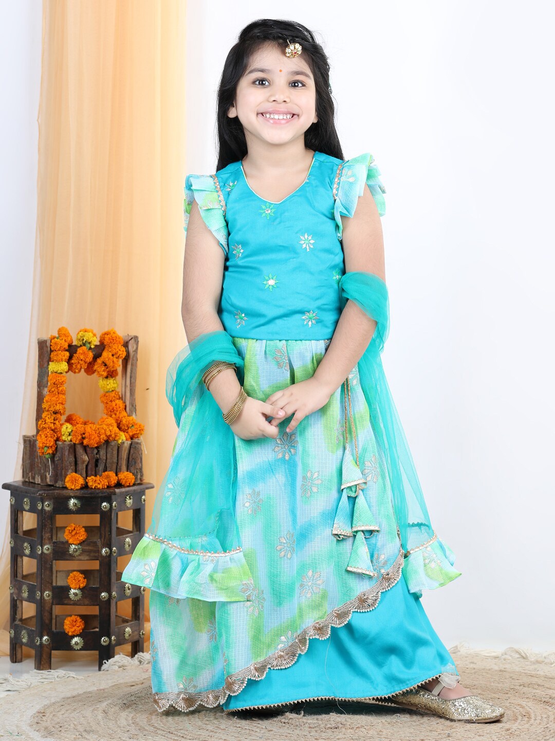 

Kinder Kids Girls Blue & Green Embroidered Ready to Wear Lehenga & Blouse With Dupatta