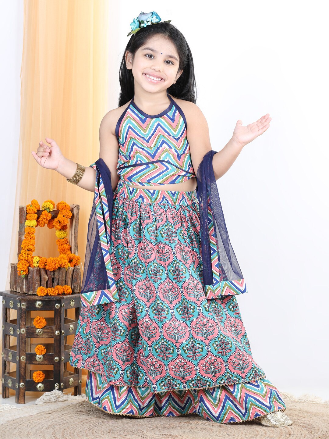 

Kinder Kids Girls Pink & Blue Printed Ready to Wear Lehenga & Blouse With Dupatta