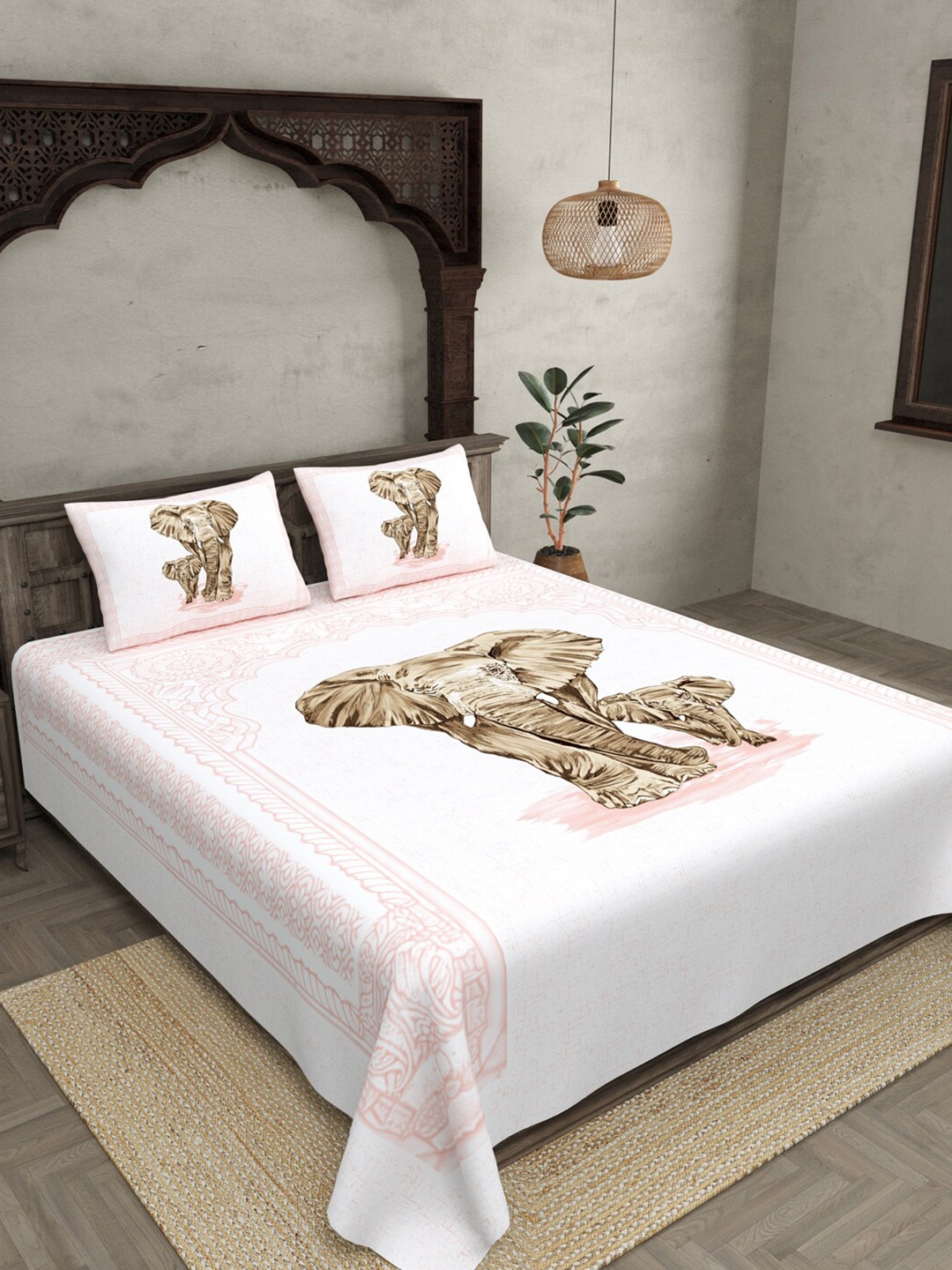 

JAIPUR FABRIC 240 TC Graphic Print Cotton King Size Bedsheet With 2 Pillow Covers, Pink