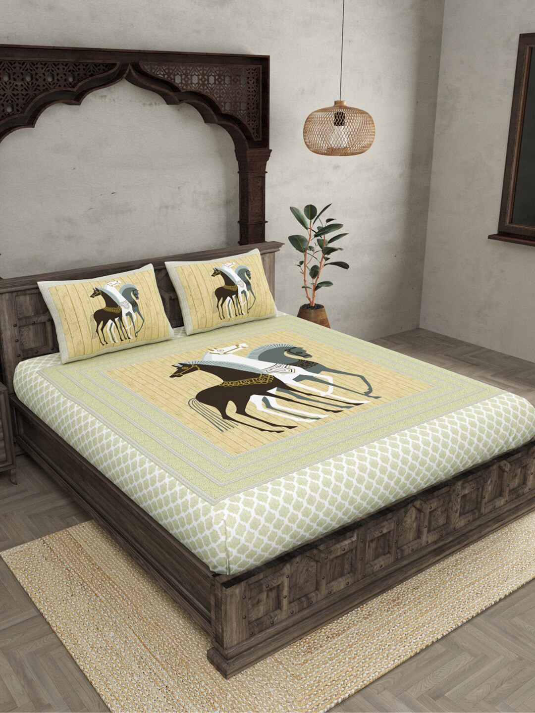 

JAIPUR FABRIC 240 TC Graphic Print Cotton King Size Bedsheet With 2 Pillow Covers, Yellow