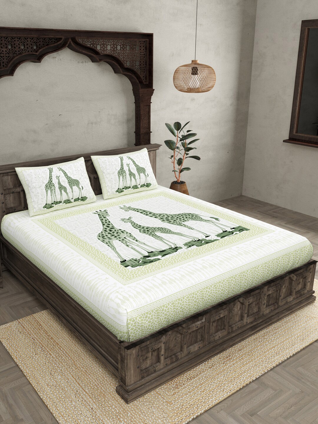 

JAIPUR FABRIC 240 TC Graphic Print Cotton King Size Bedsheet With 2 Pillow Covers, Green