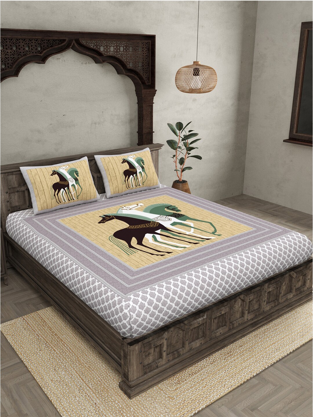 

JAIPUR FABRIC 240 TC Graphic Print Cotton King Size Bedsheet With 2 Pillow Covers, Grey