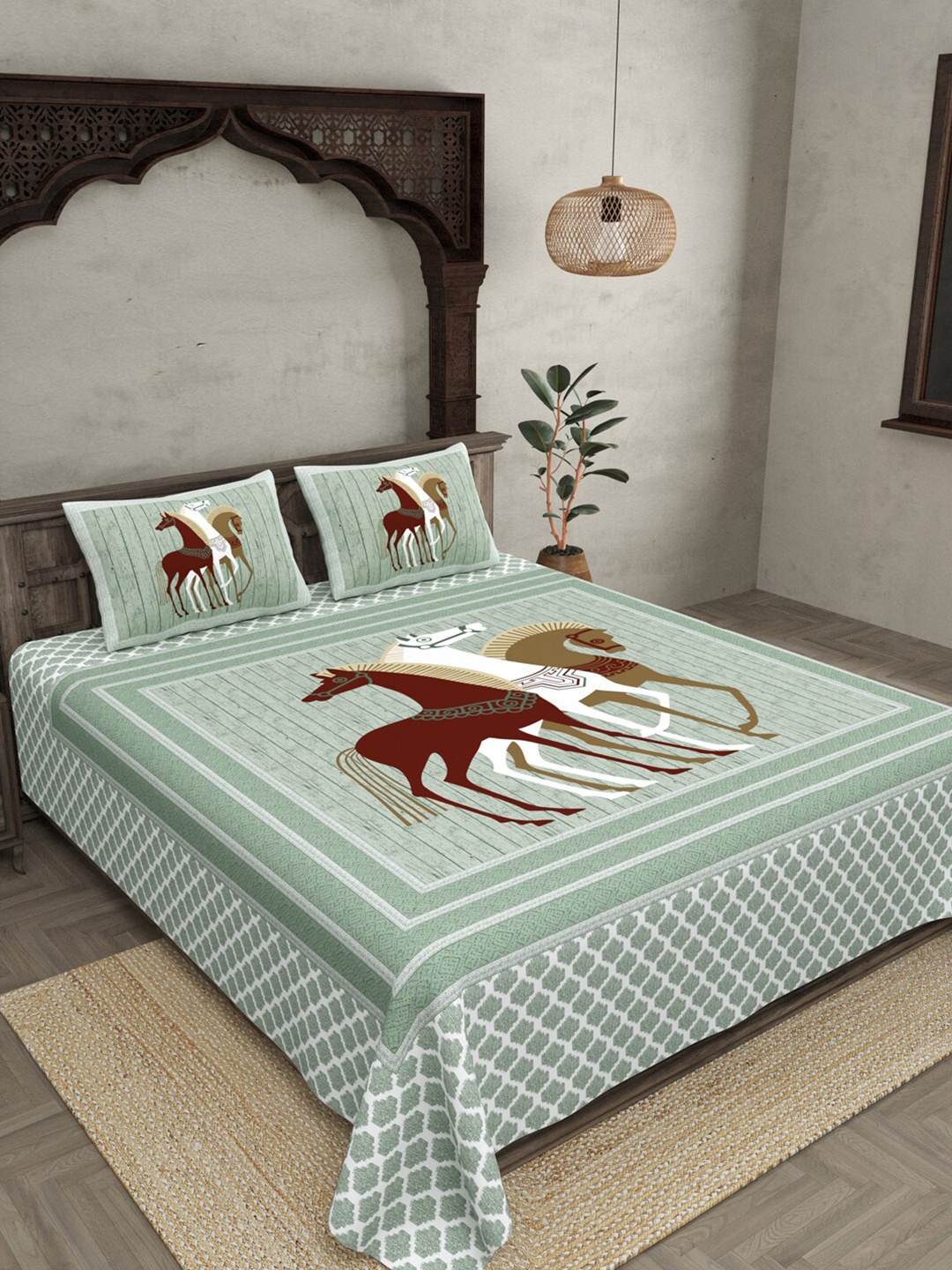 

JAIPUR FABRIC 240 TC Graphic Print Cotton King Size Bedsheet With 2 Pillow Covers, Sea green