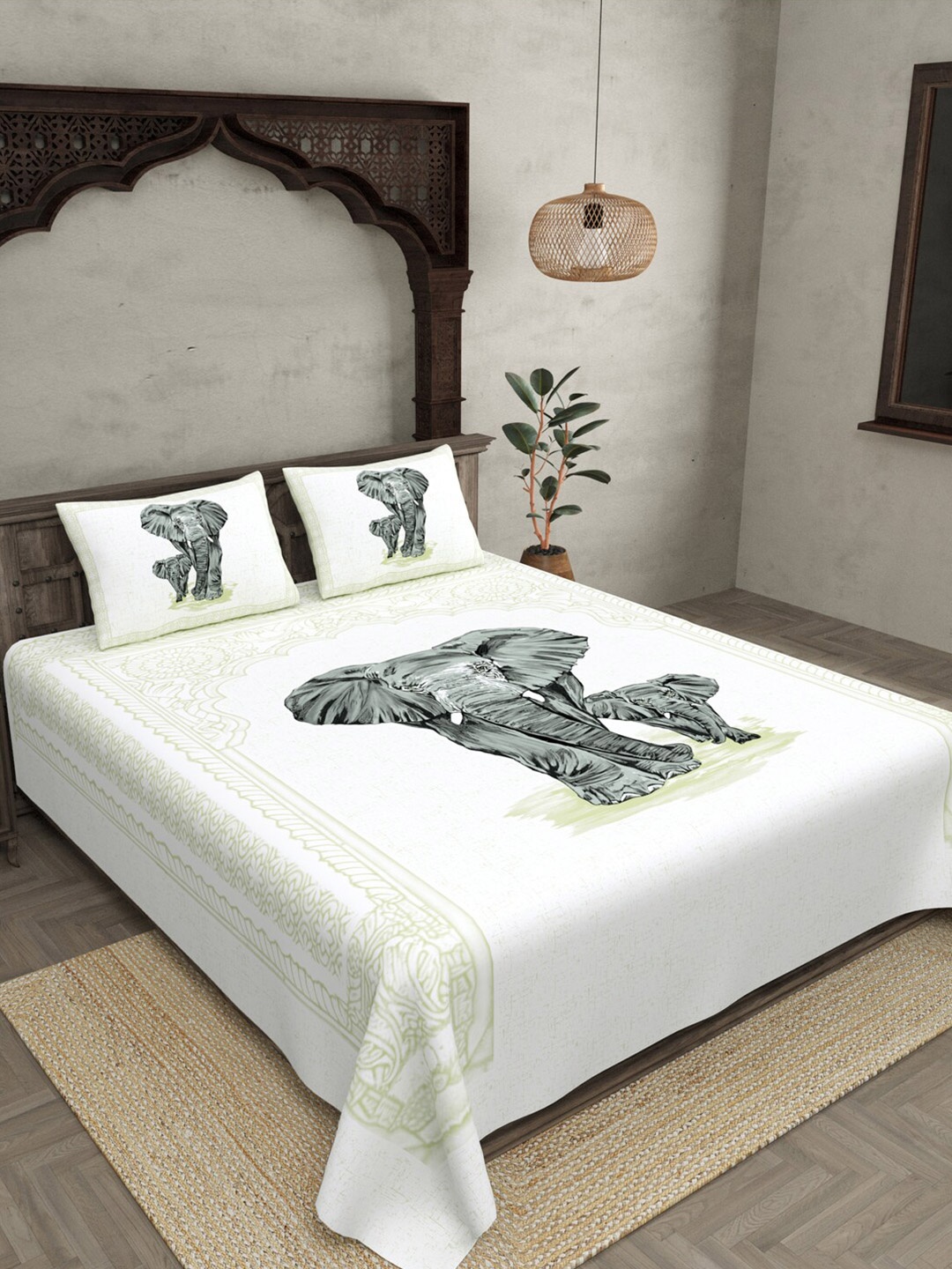 

JAIPUR FABRIC 240 TC Graphic Print Cotton King Size Bedsheet With 2 Pillow Covers, Off white