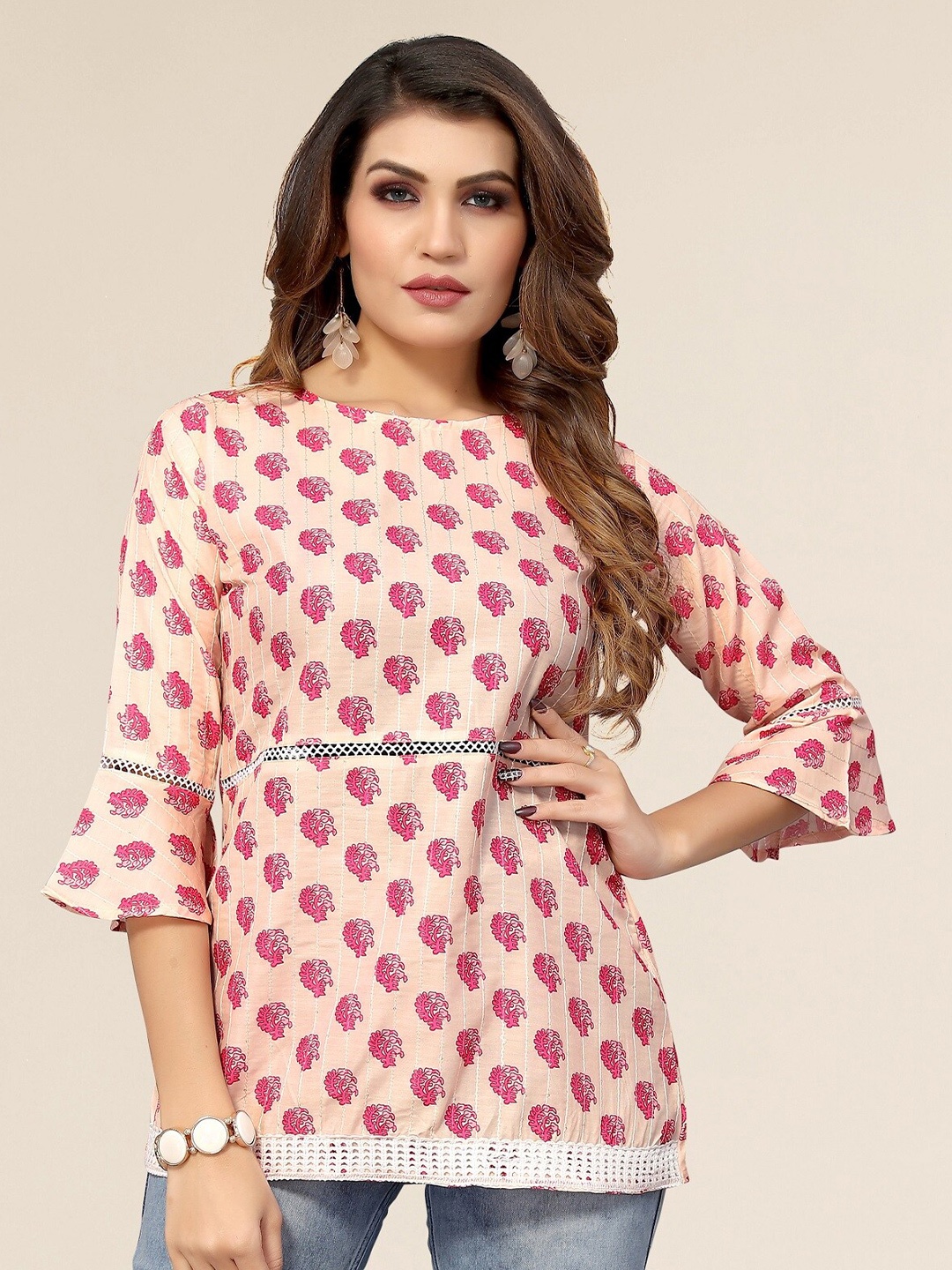 

Winza Designer Peach-Coloured Print Block Print Top