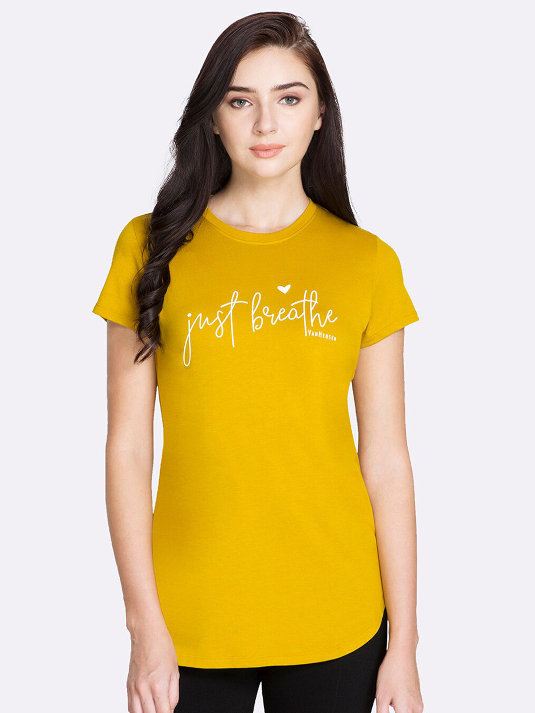 

Van Heusen Women Yellow Typography Printed Extended Sleeves Lounge Tshirts
