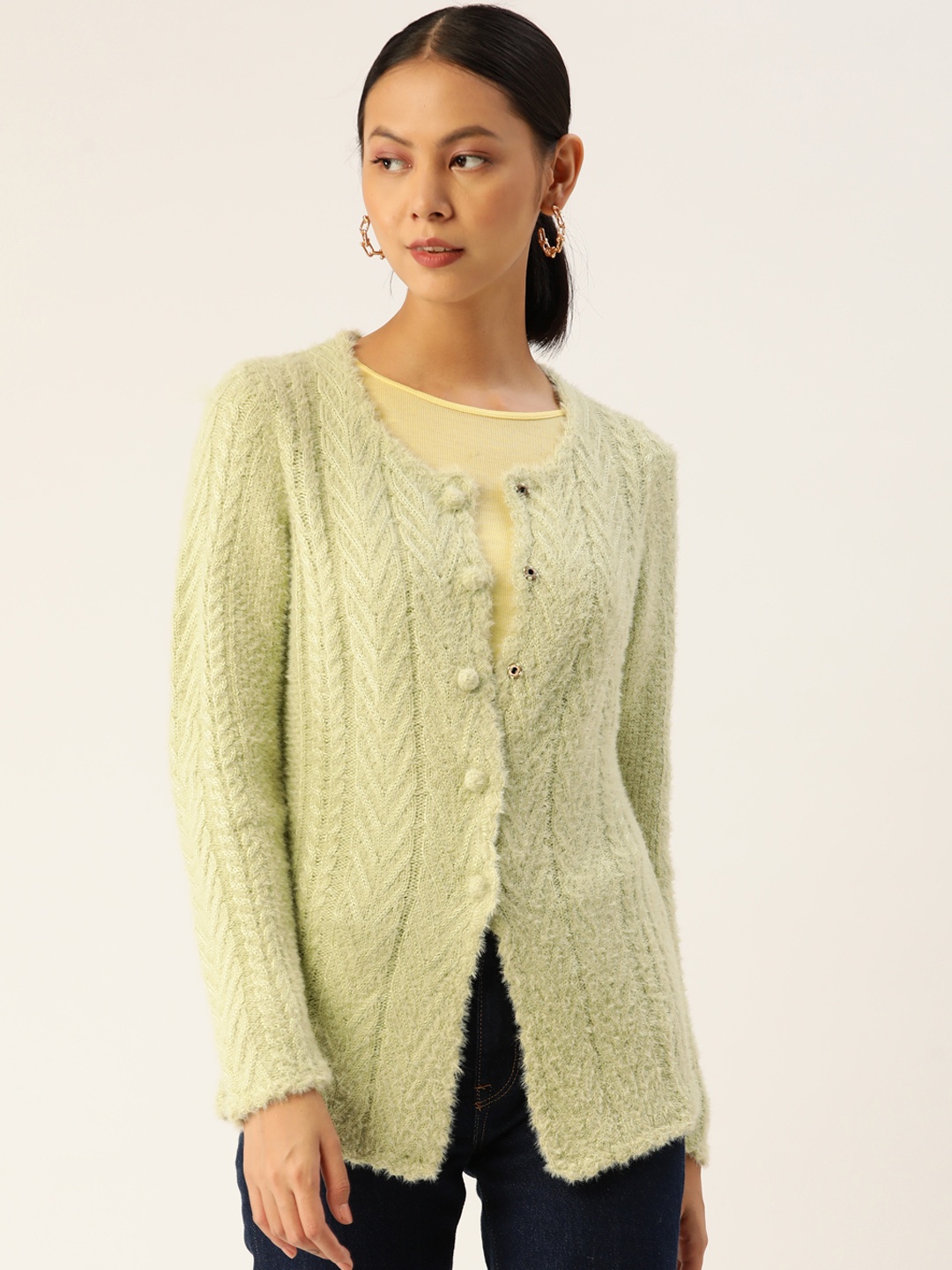 

APSLEY Women Sea Green Cable Knit Cardigan