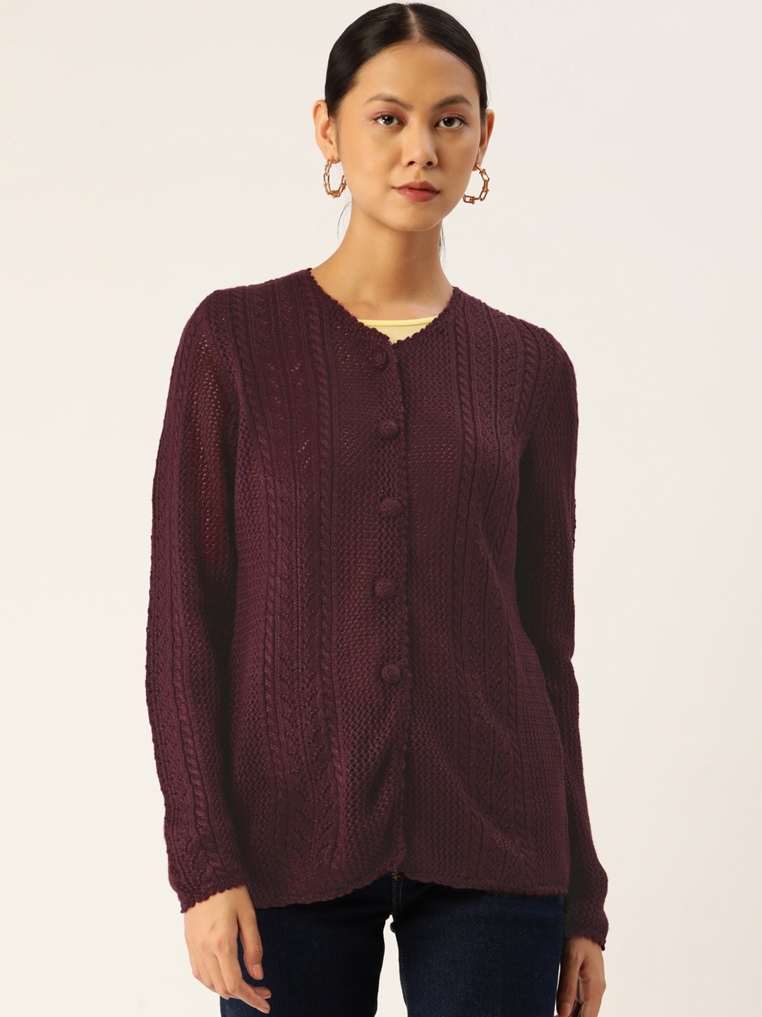 

APSLEY Women Burgundy Cable Knit Cardigan