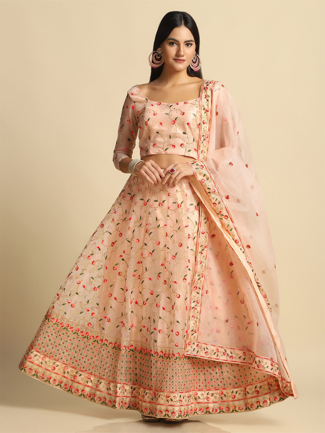 

Atsevam Pink & Gold-Toned Embroidered Thread Work Tie and Dye Semi-Stitched Lehenga & Unstitched Blouse With