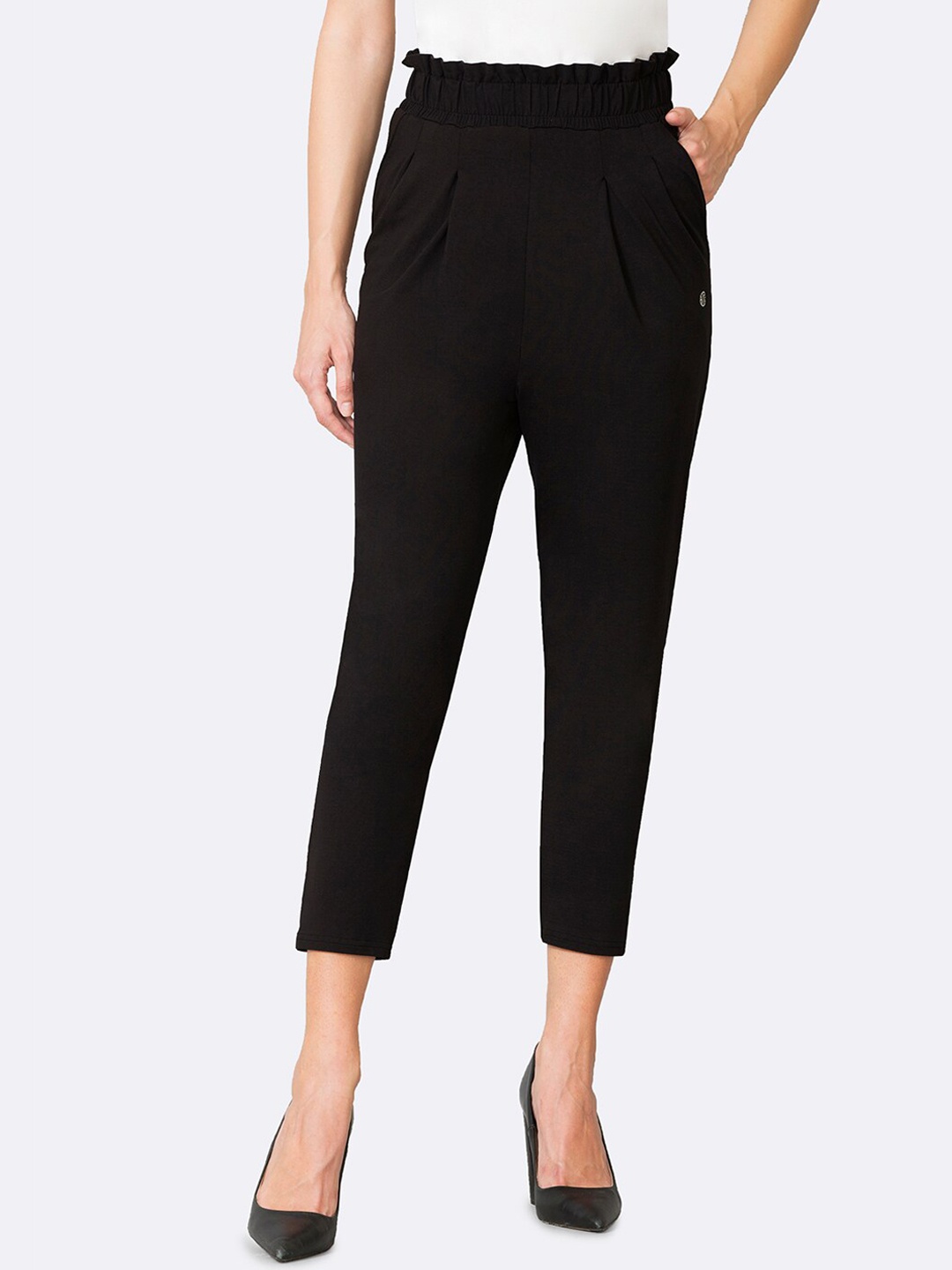 

Van Heusen Athleisure Women Peach Finish Pleated Front Ruffle Pants, Black